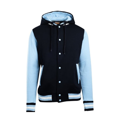 Varsity Hooded Jacket Mens Navy Sky Blue